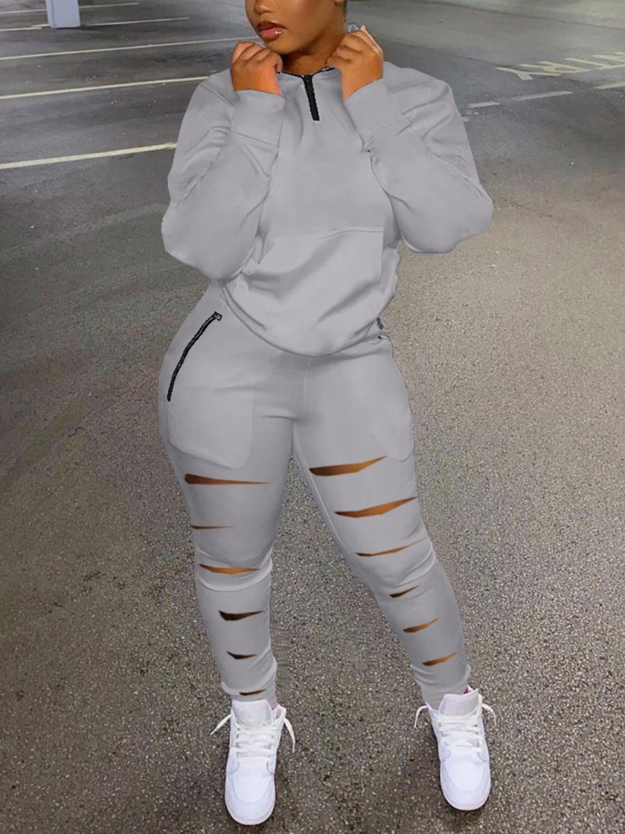 LovelyWholesale Kangaroo Pocket Ripped Pants Set Fall Long Sleeve Casual Ripped Turndown Collar Spring Summer 2024