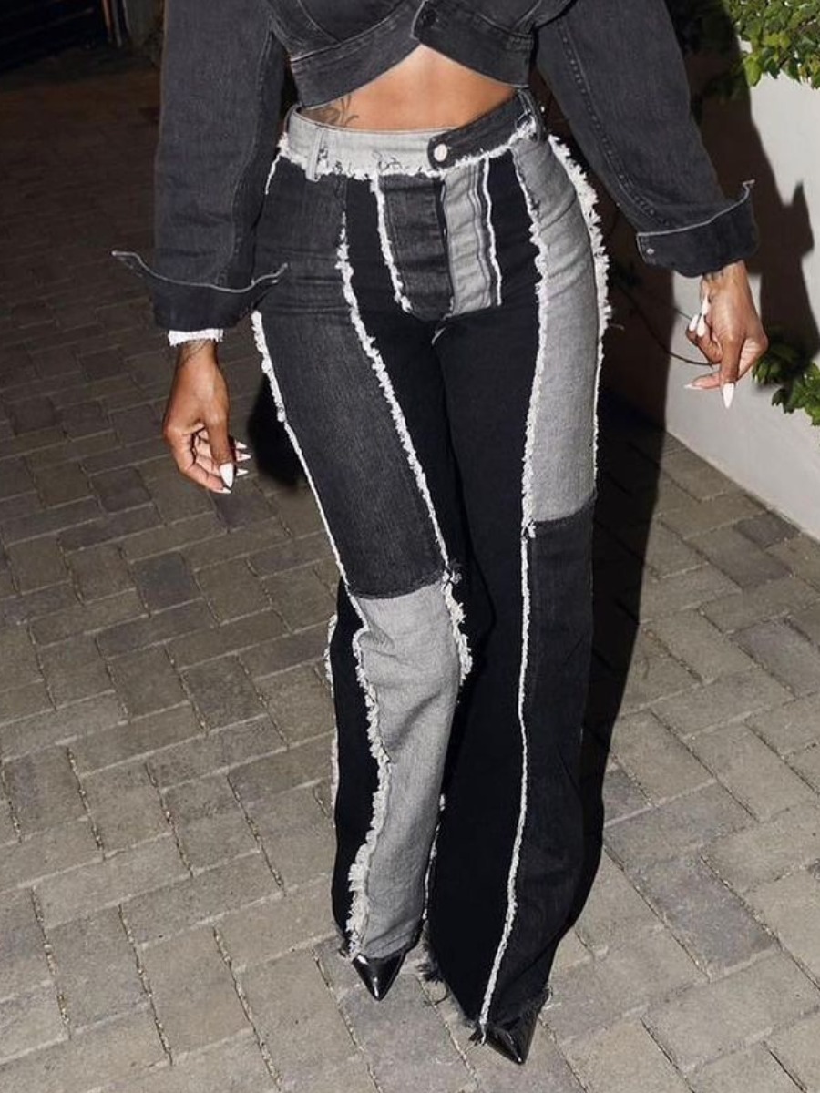 LovelyWholesale Mid Waist Raw Edge Patchwork Jeans Spring|Fall Street Color Block Spring Summer 2024
