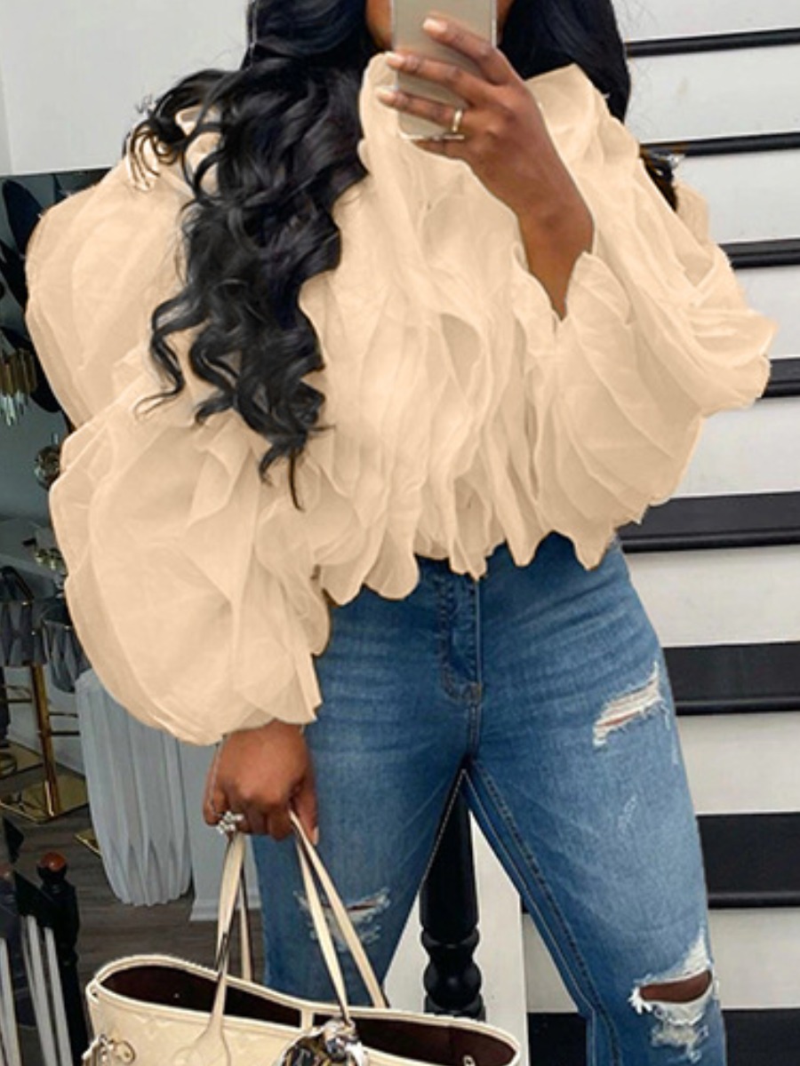 LovelyWholesale Puffy Petal Flounce Design Blouse Spring|Fall Long Sleeve Elegant Solid Color Round Neck Spring Summer 2024