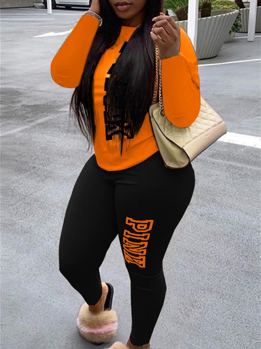 LovelyWholesale Plus Size Pink Letter Print Pants Set Fall Long Sleeve Casual Pink Round Neck  4X Spring Summer 2024
