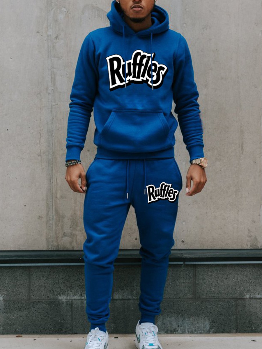 LW Men Letter Print Kangaroo Pocket Tracksuit Set