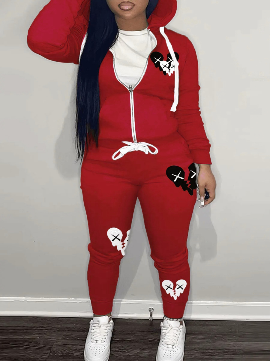 LW Heart Print Kangaroo Pocket Tracksuit Set