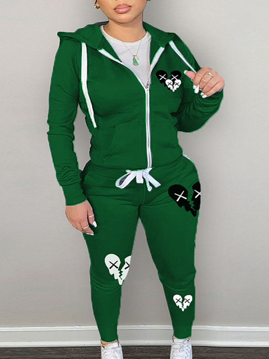 LW Plus Size Broken Heart Print Kangaroo Pocket Tracksuit Set