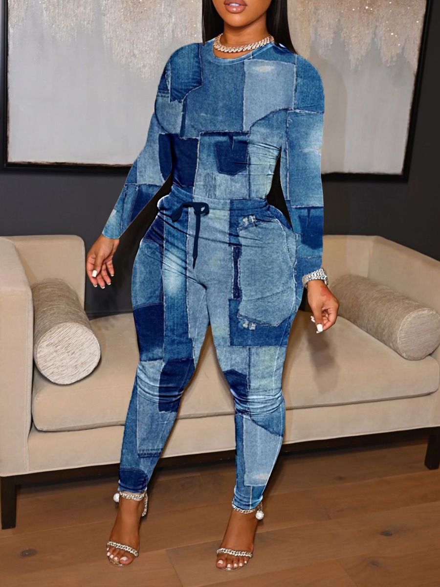LW Plus Size Imitation Denim Drawstring Pants Set