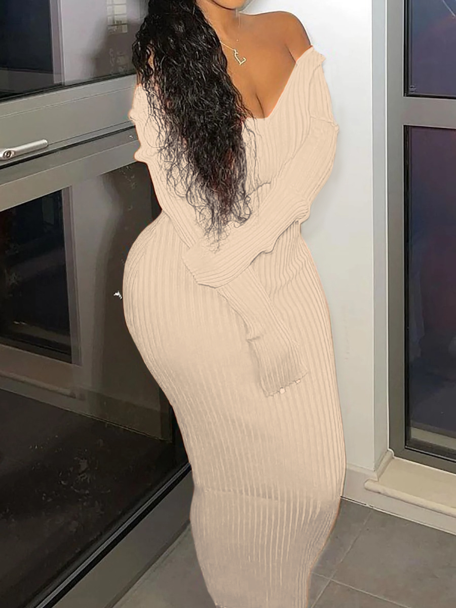LW BASICS V Neck Rib Knit Bodycon Dress