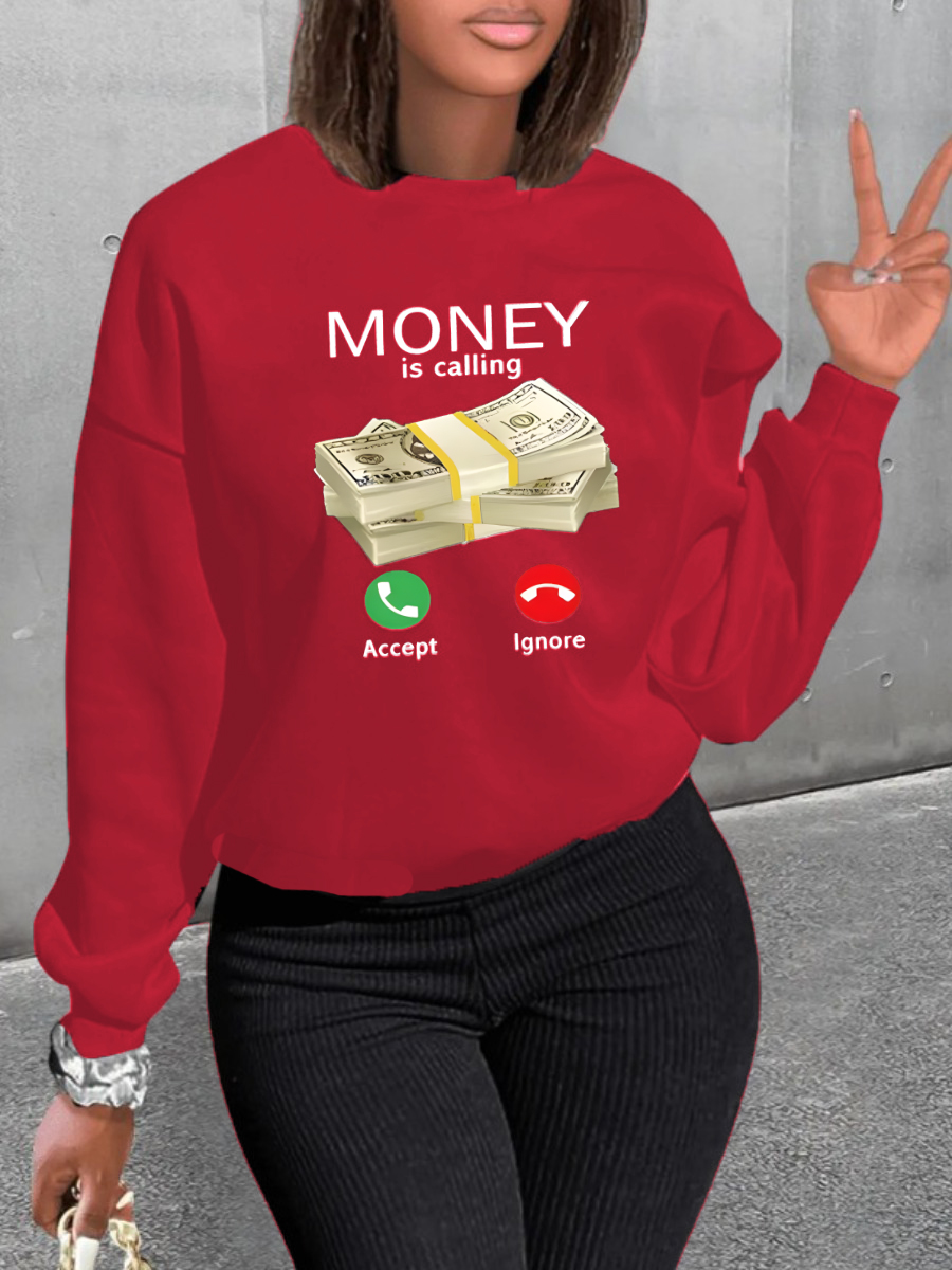 LovelyWholesale Money Letter Print Sweatshirt Fall Long Sleeve Street Round Neck Spring Summer 2024