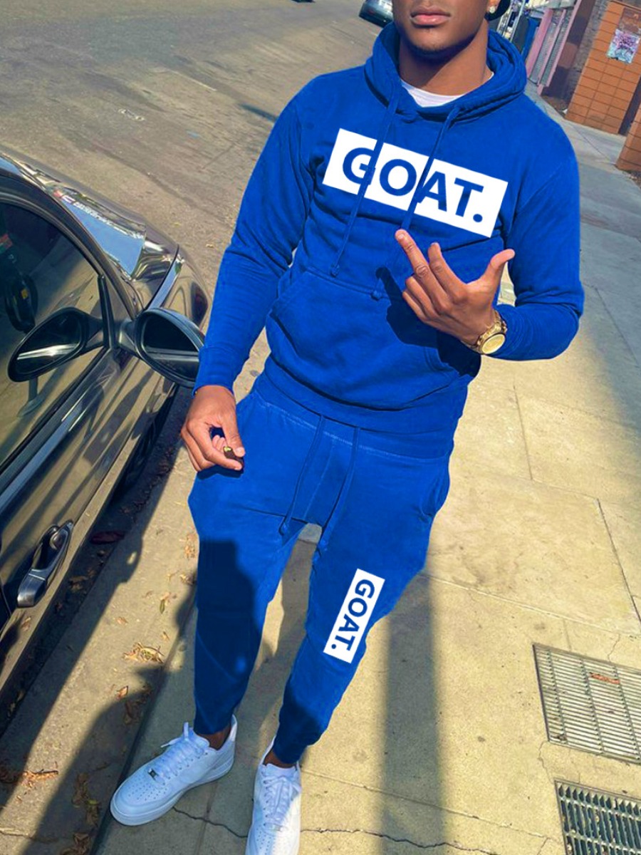 LovelyWholesale Men Goat Letter Print Kangaroo Pocket Tracksuit Set Fall Long Sleeve Casual Hooded Collar Spring Summer 2024