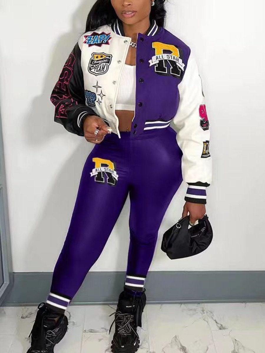 LW Letter Print Varsity Jacket Pants Set