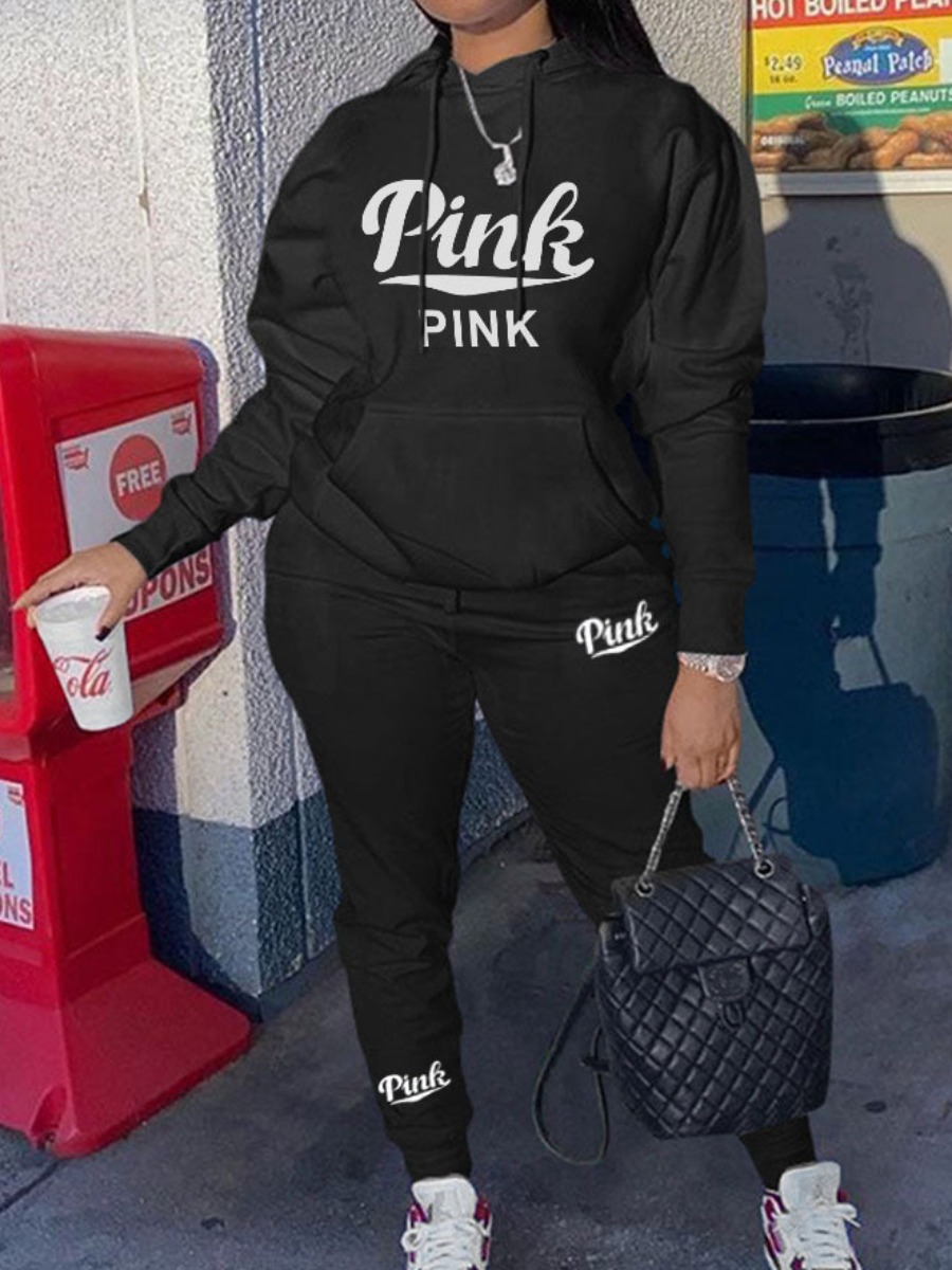 LW Plus Size Pink Letter Print Kangaroo Pocket Tracksuit Set