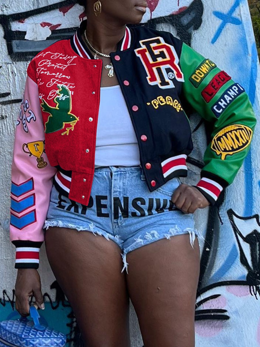 LW Letter Decor Patchwork Varsity Jacket