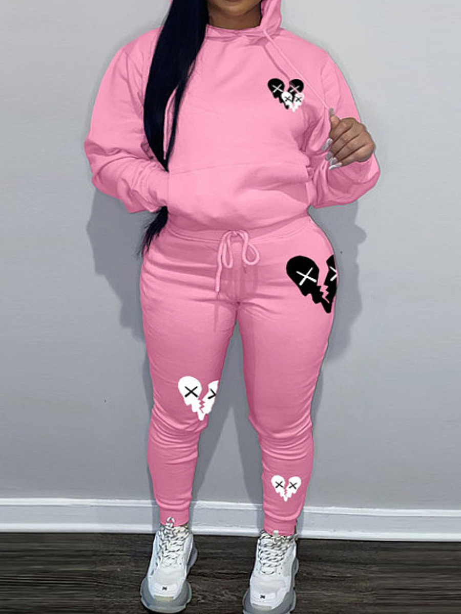 LW Plus Size Broken Heart Print Kangaroo Pocket Tracksuit Set