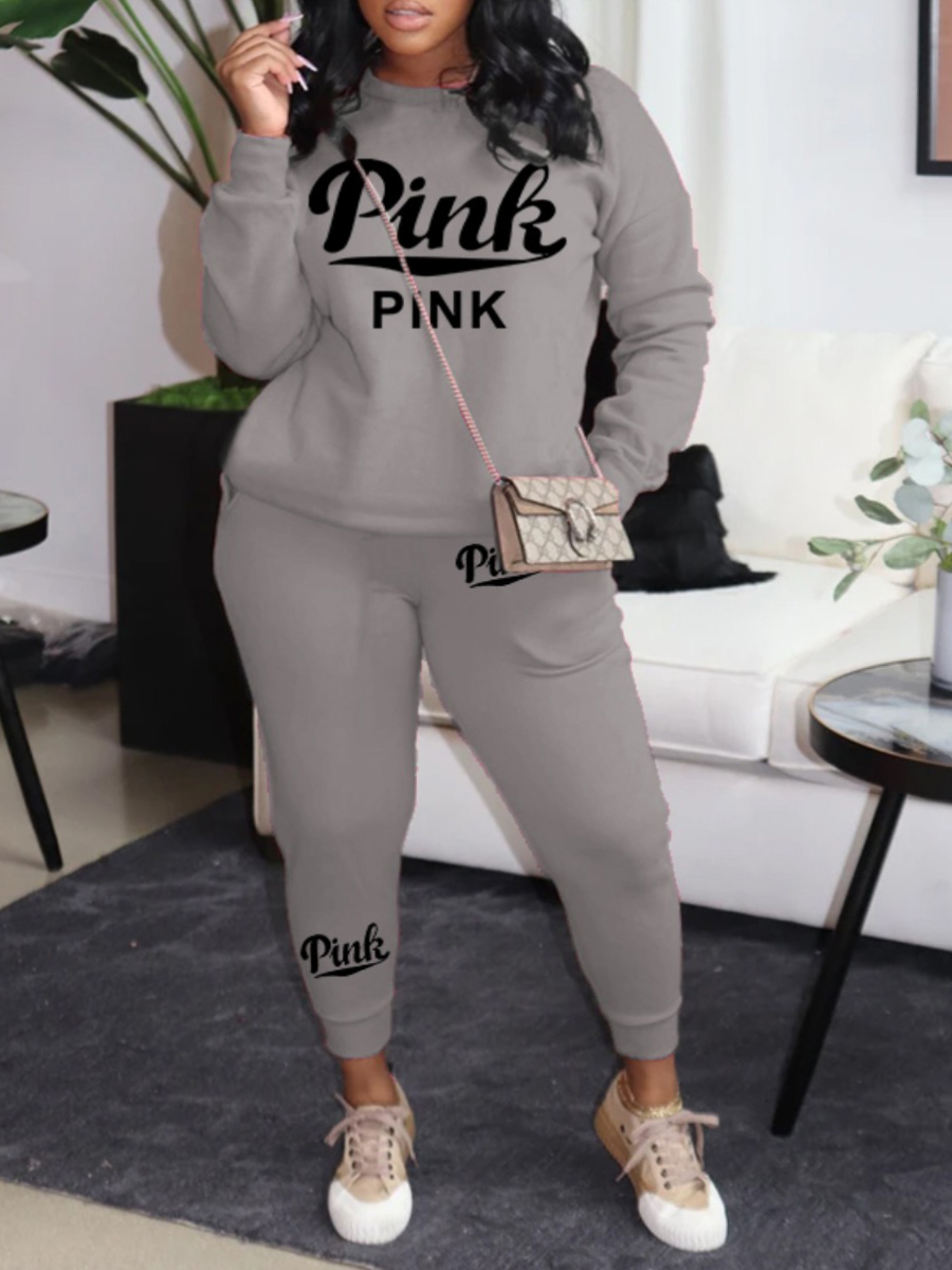 LovelyWholesale Plus Size Pink Letter Print Pants Set Fall Long Sleeve Casual Round Neck  5X Spring Summer 2024