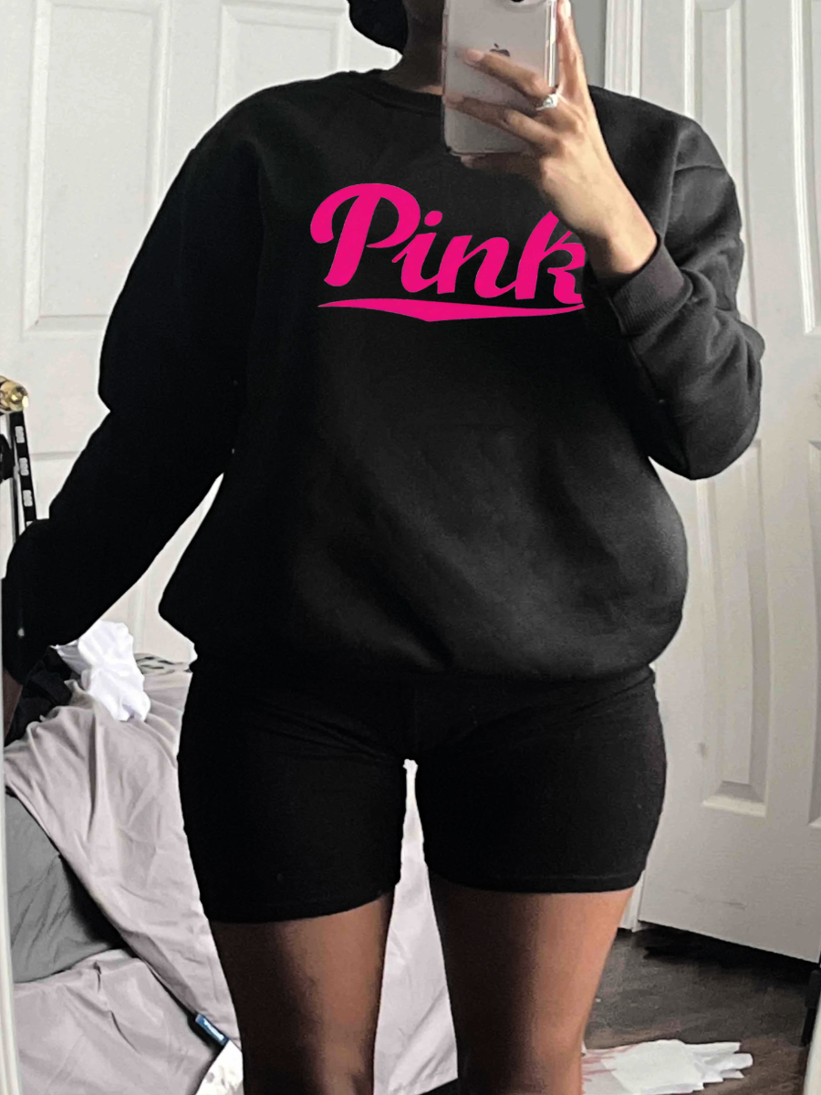 LovelyWholesale Plus Size Pink Letter Print Sweatshirt Fall Casual Pink Round Neck  5X Spring Summer 2024