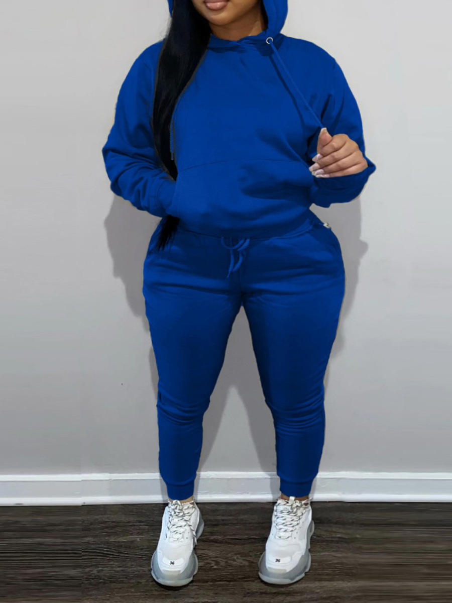 LovelyWholesale BASICS Plus Size Hooded Collar Kangaroo Pocket Tracksuit Set Fall Long Sleeve Casual Basic Hooded Collar  5X Spring Summer 2024