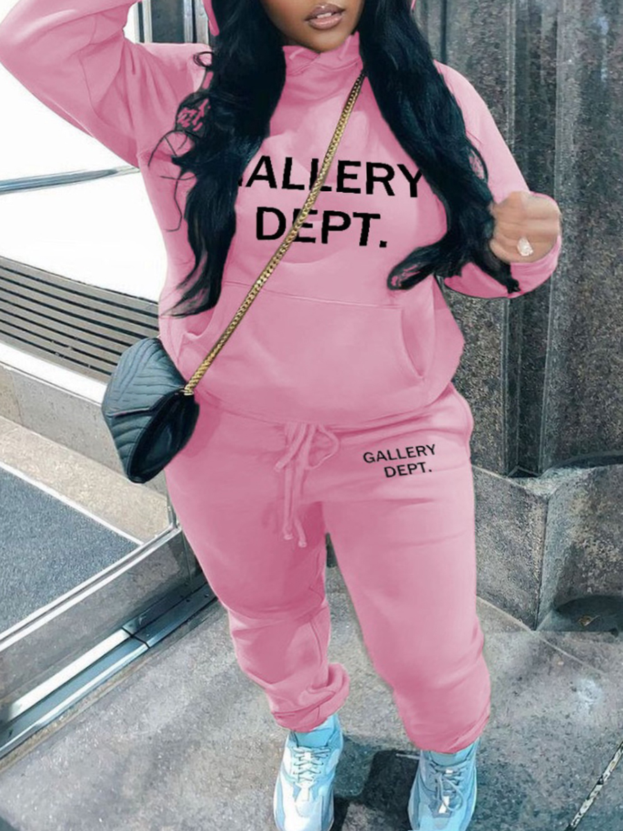 LW Plus Size Letter Print Kangaroo Pocket Tracksuit Set