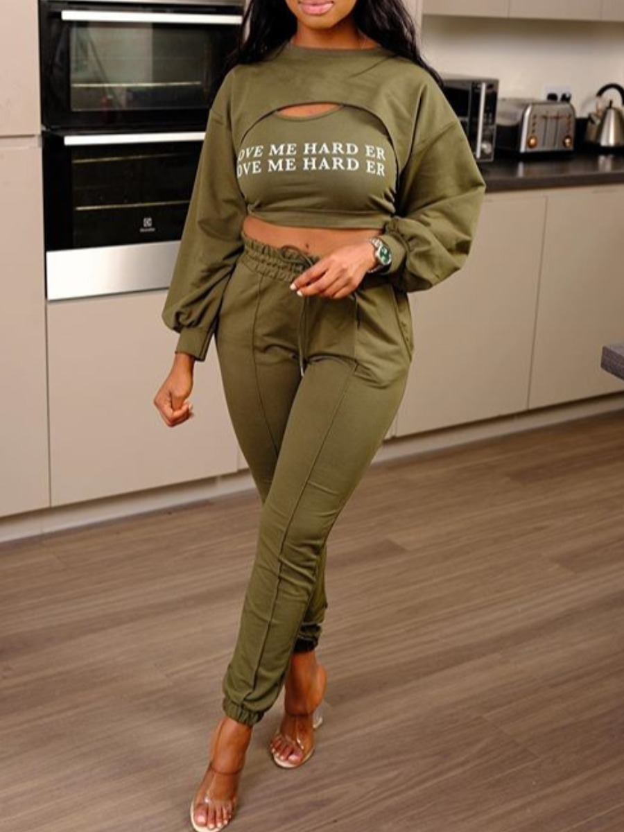 LW SXY Crop Top Letter Print Drawstring Pants Set