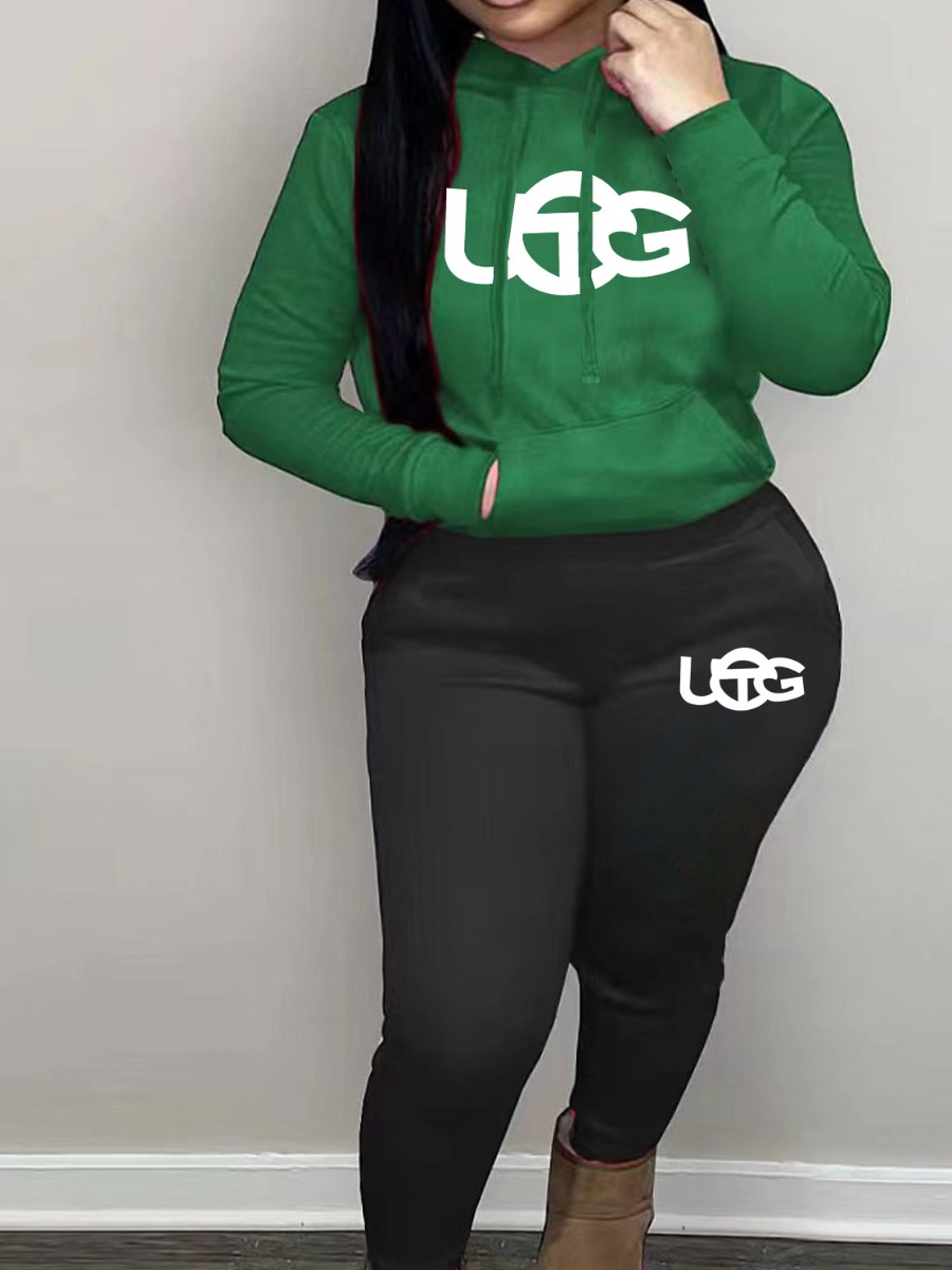 LW Letter Print Kangaroo Pocket Tracksuit Set