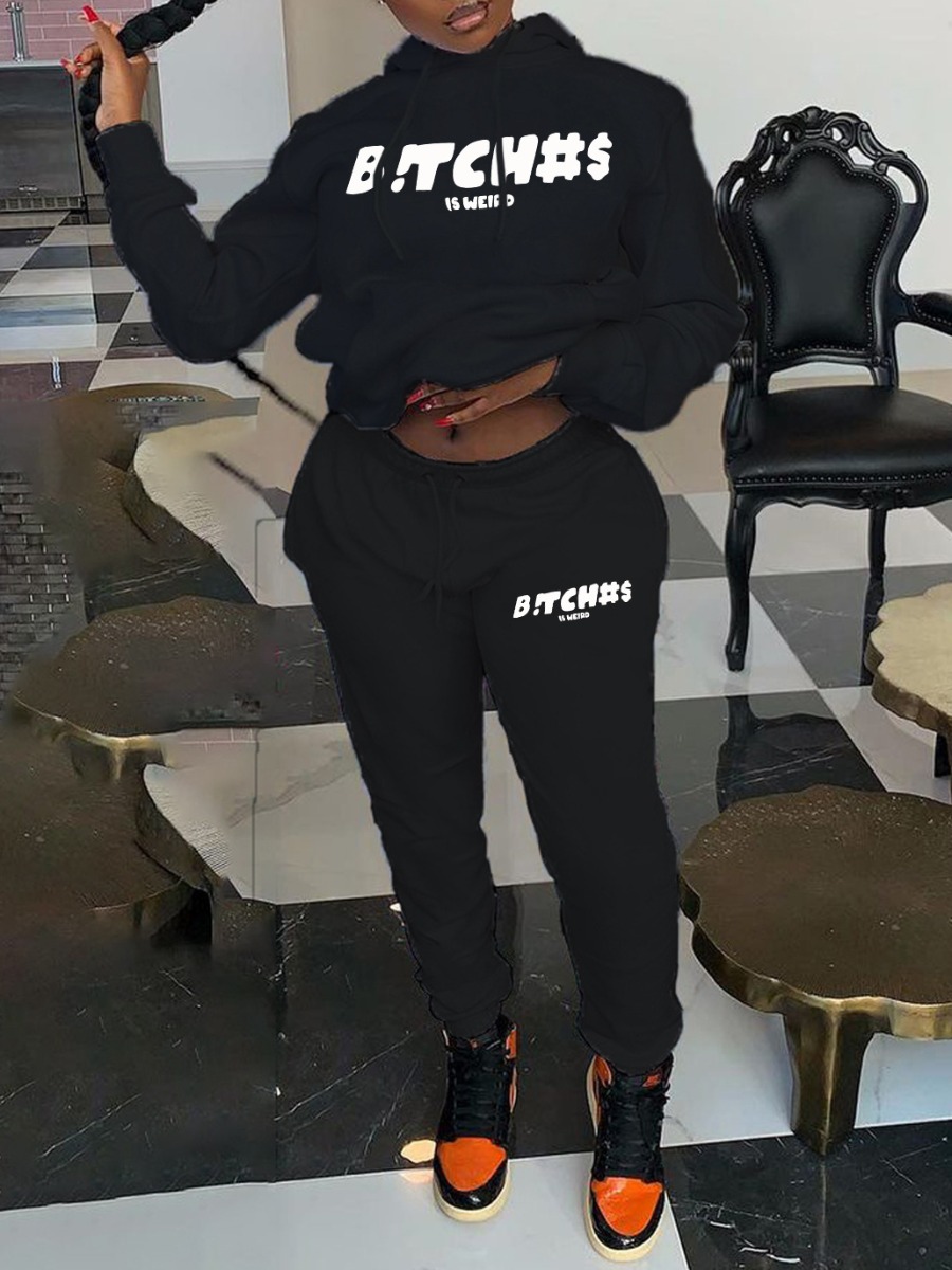 LW Letter Print Kangaroo Pocket Tracksuit Set