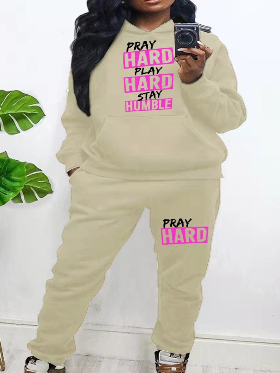 LW Plus Size Letter Print Kangaroo Pocket Tracksuit Set