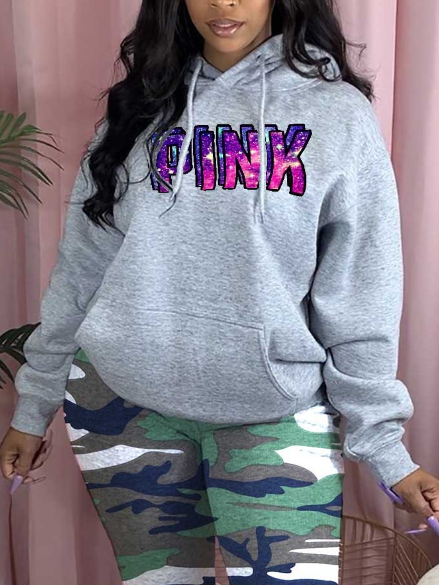 LovelyWholesale Pink Letter Print Hoodie Fall Long Sleeve Casual Pink Hooded Collar Spring Summer 2024