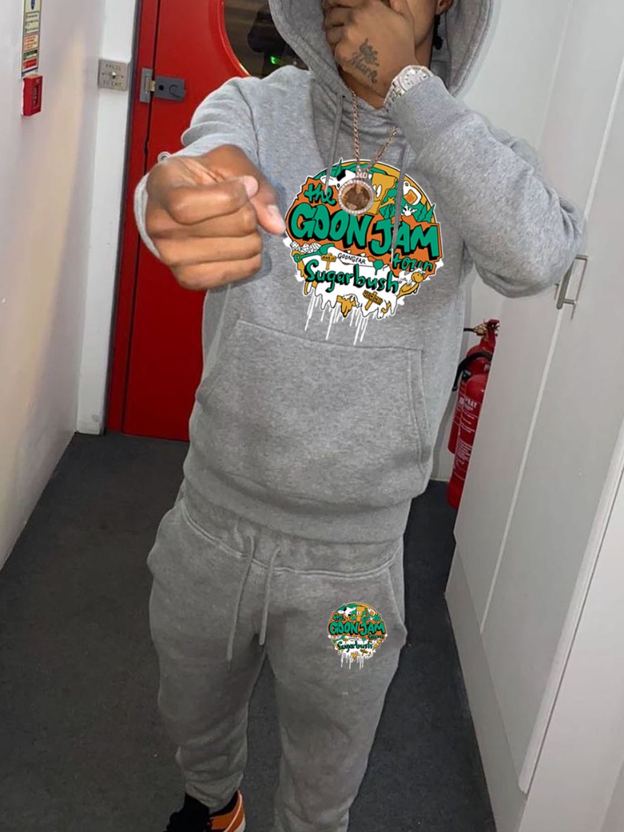 LW Men Letter Print Kangaroo Pocket Tracksuit Set