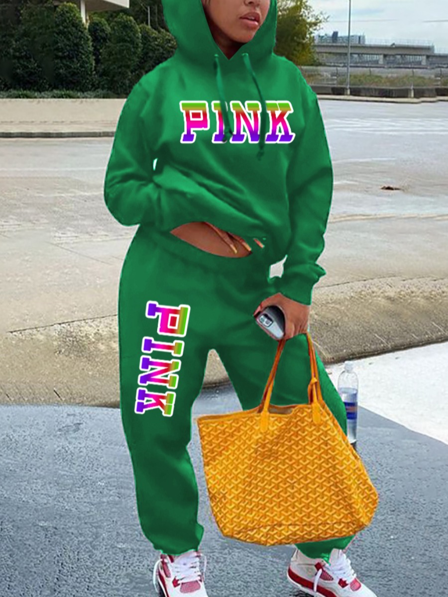 LW Plus Size Pink Letter Print Kangaroo Pocket Tra