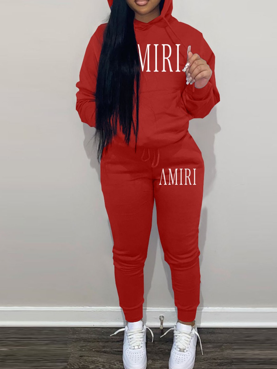 LW Letter Print Kangaroo Pocket Tracksuit Set