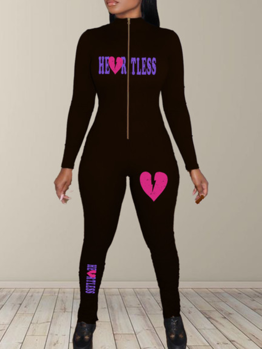 LovelyWholesale Broken Heart Letter Print Skinny Jumpsuit Fall Long Sleeve Casual V Neck Spring Summer 2024