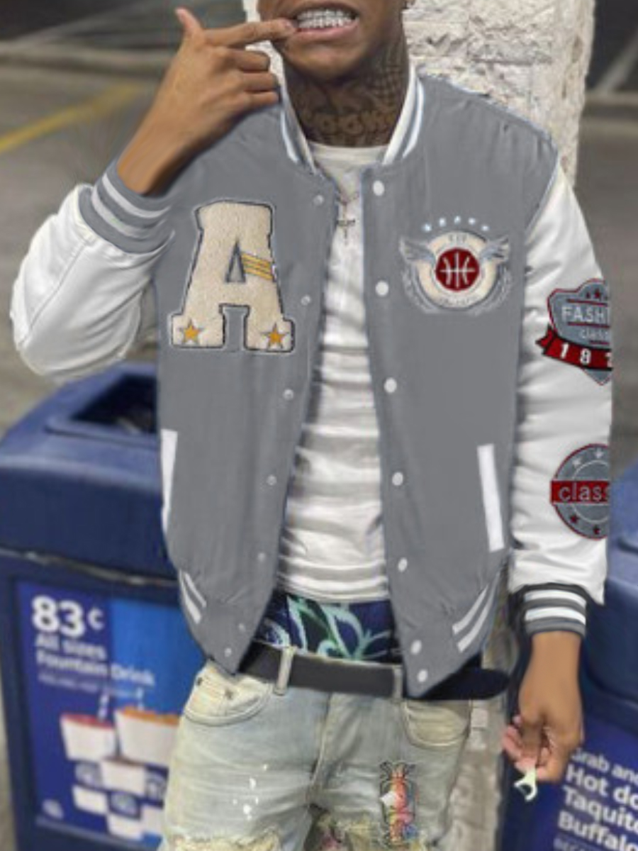 LW Men Letter Decor Striped Varsity Jacket