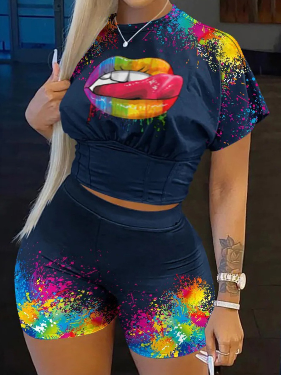 LW Plus Size Splash Ink Lip Print Shorts Set