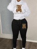 LW Lovely Bear Letter Print Kangaroo Pocket Tracksuit Set