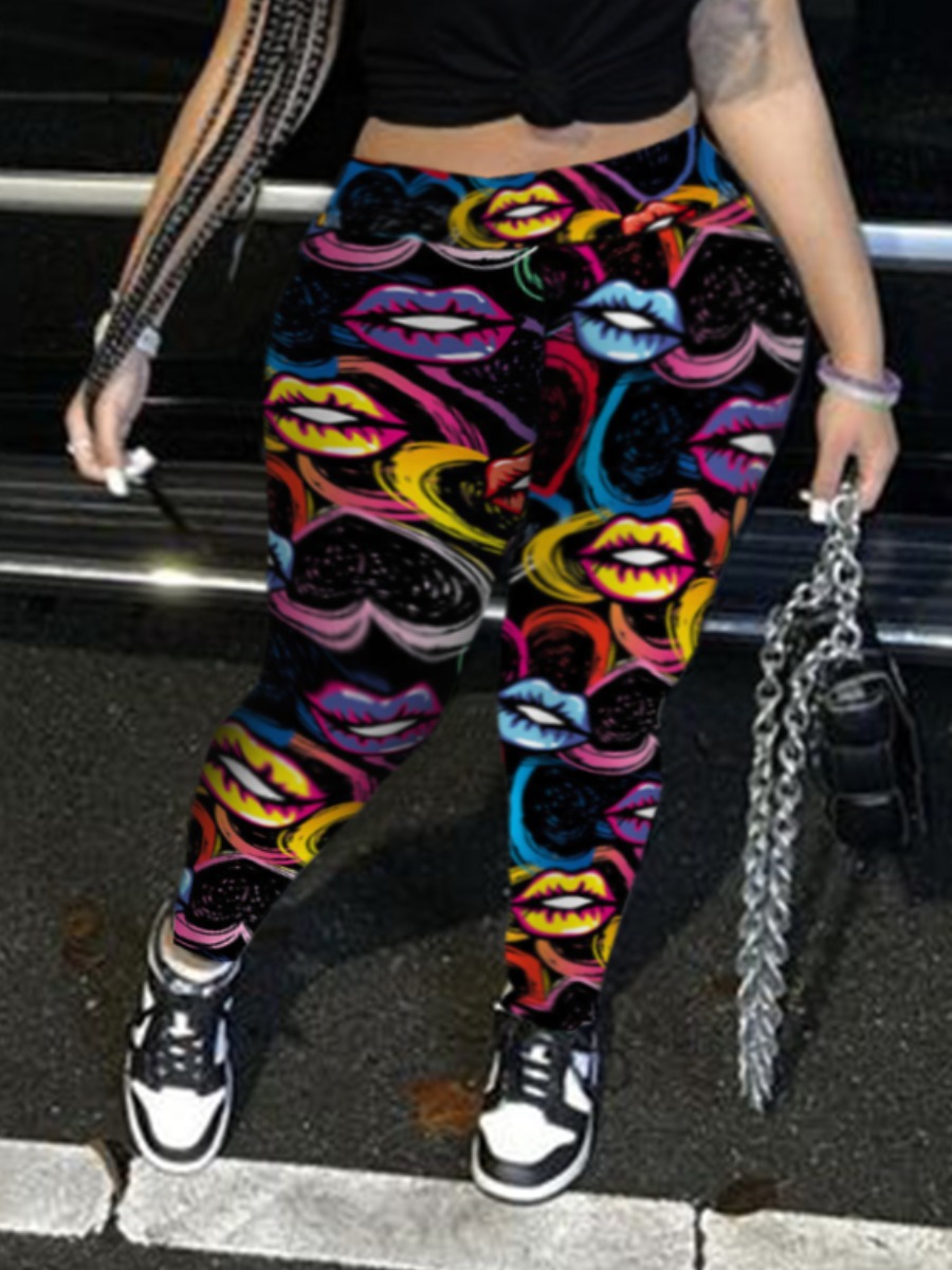 LovelyWholesale Plus Size Lip Heart Print High Stretchy Leggings Spring|Fall Sporty  5X Spring Summer 2024