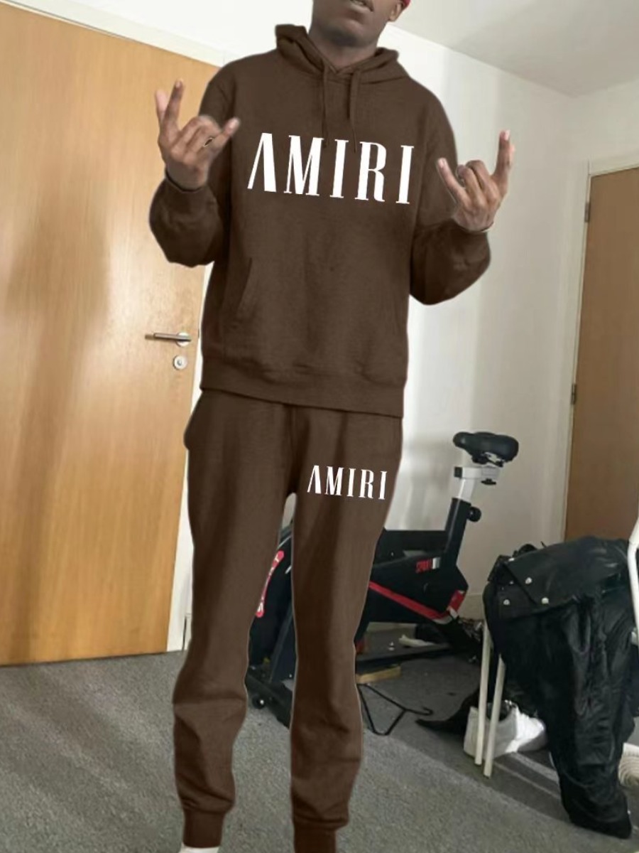 LW Men Hooded Collar Amiri Letter Print Tracksuit Set