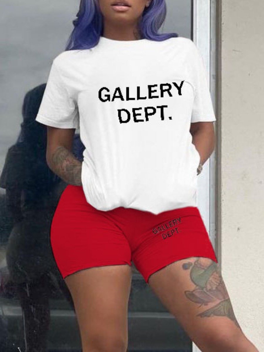 LovelyWholesale Letter Print Regular Fit Stretchy Shorts Set Summer Short Sleeve College Capris Round Neck Spring Summer 2024
