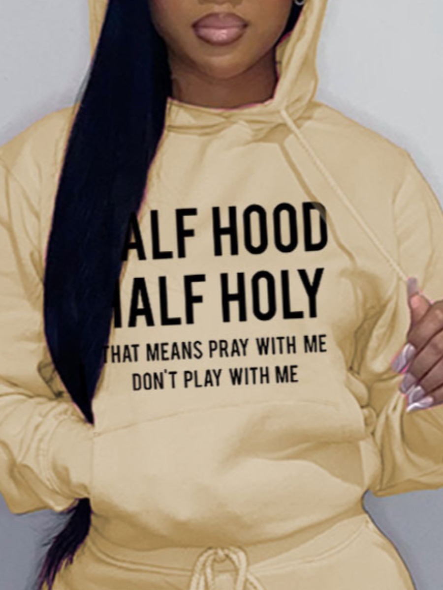LW Plus Size Letter Print Kangaroo Pocket Hoodie