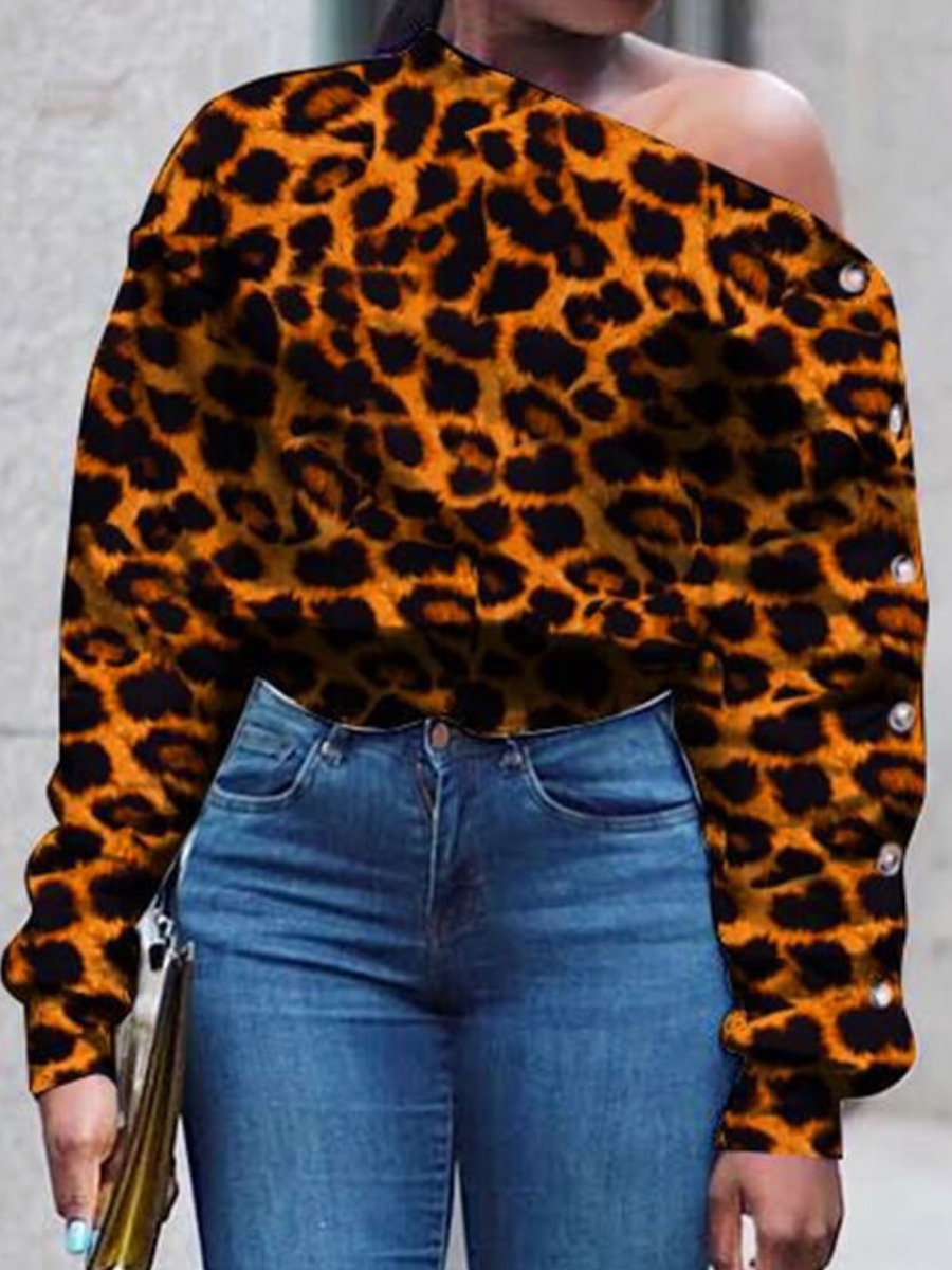 LW Inclined Neck Leopard Print Sweatshirt