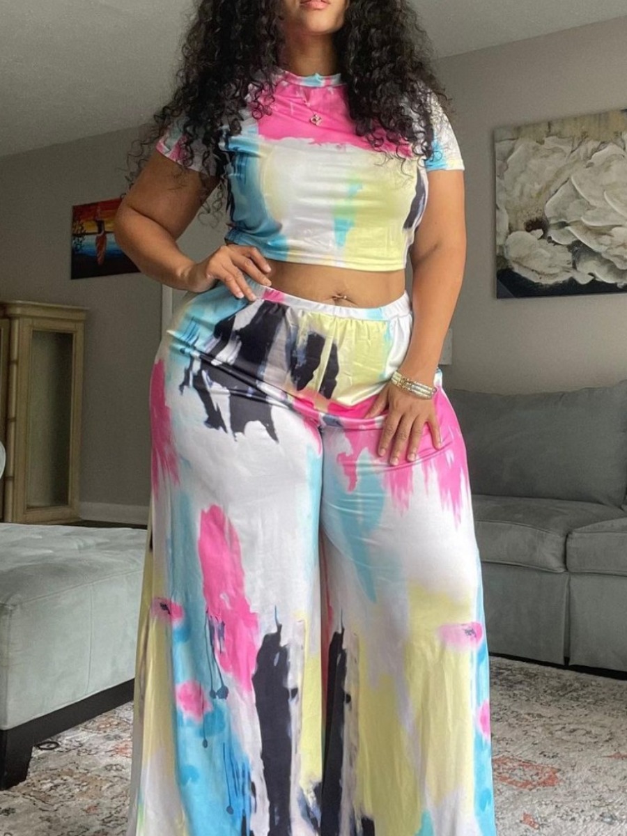 LovelyWholesale Street Half A Turtleneck Tie Dye Blue Two Piece Pants Set Spring Short Sleeve Street Basic Mandarin Collar Spring Summer 2024