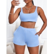 LW COTTON SXY U Neck Backless Blue Two Piece Short