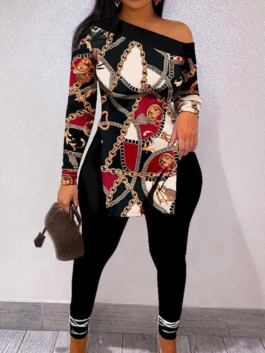 LW Plus Size Chain Print Side Split Pants Set
