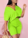 LW Casual V Neck Elastic Green Two Piece Shorts Set