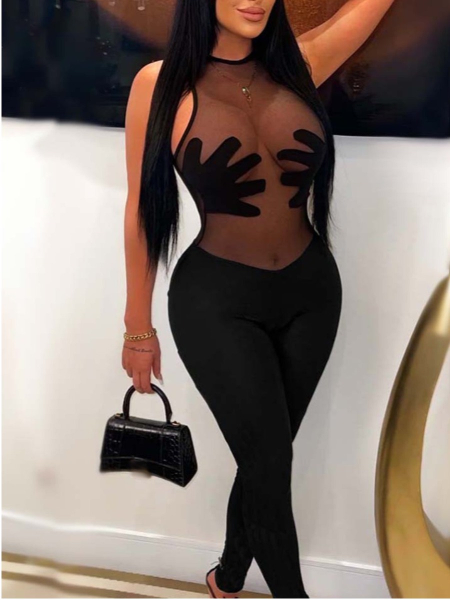 LW Palm Decor See Through Skinny Jumpsuit