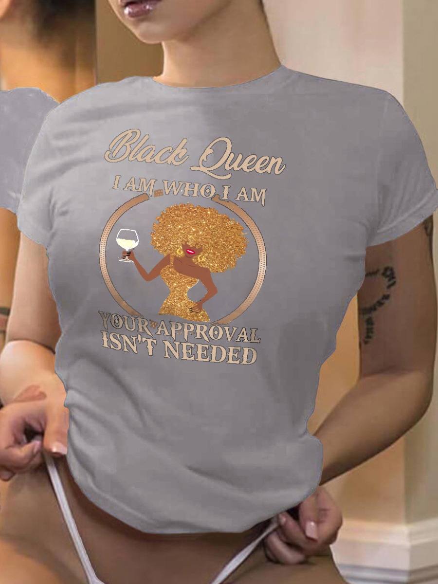 LovelyWholesale Black Queen Letter Figure Print T-shirt Summer Short Sleeve Casual Round Neck Spring Summer 2024