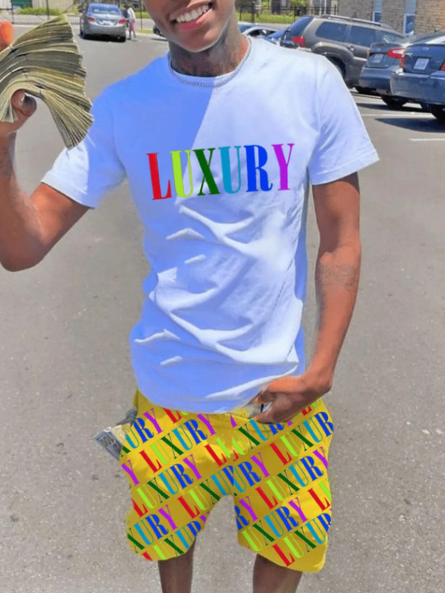 LovelyWholesale Men Luxury Letter Print Shorts Set Summer Short Sleeve Casual Round Neck Spring Summer 2024