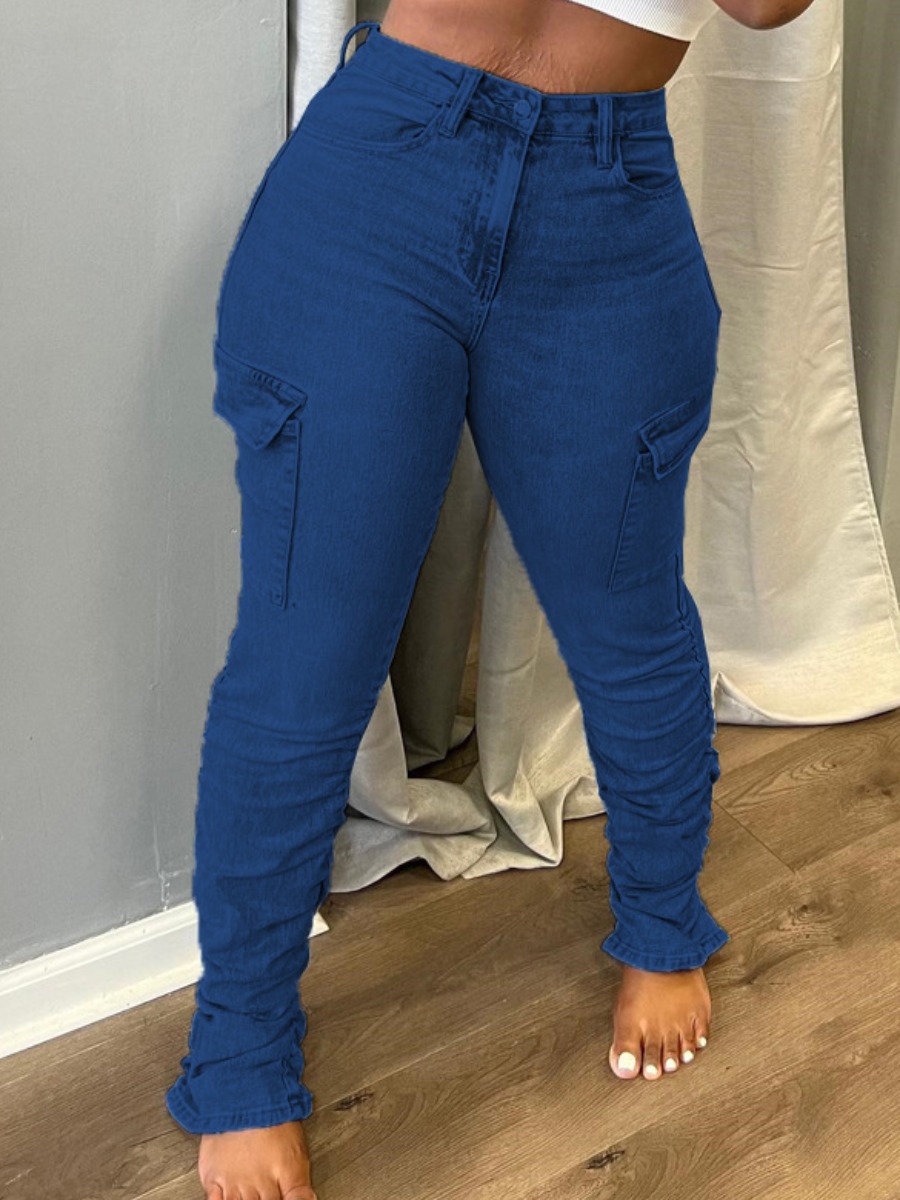 LovelyWholesale Side Pocket Ruched High Stretchy Cargo Jeans Spring|Fall Street Pocket Design Spring Summer 2024
