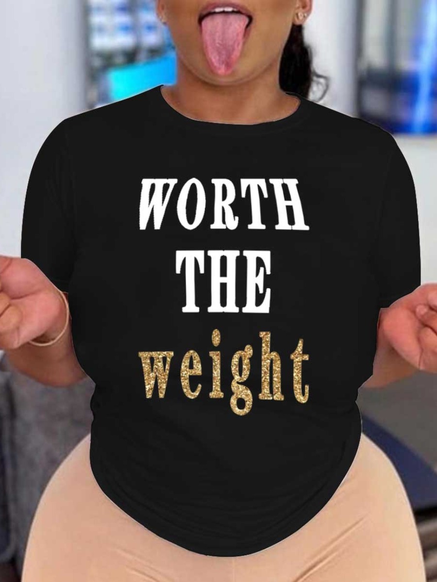 LovelyWholesale Plus Size Worth The Weight Letter Print T-shirt Summer Short Sleeve Casual Round Neck  5X Spring Summer 2024