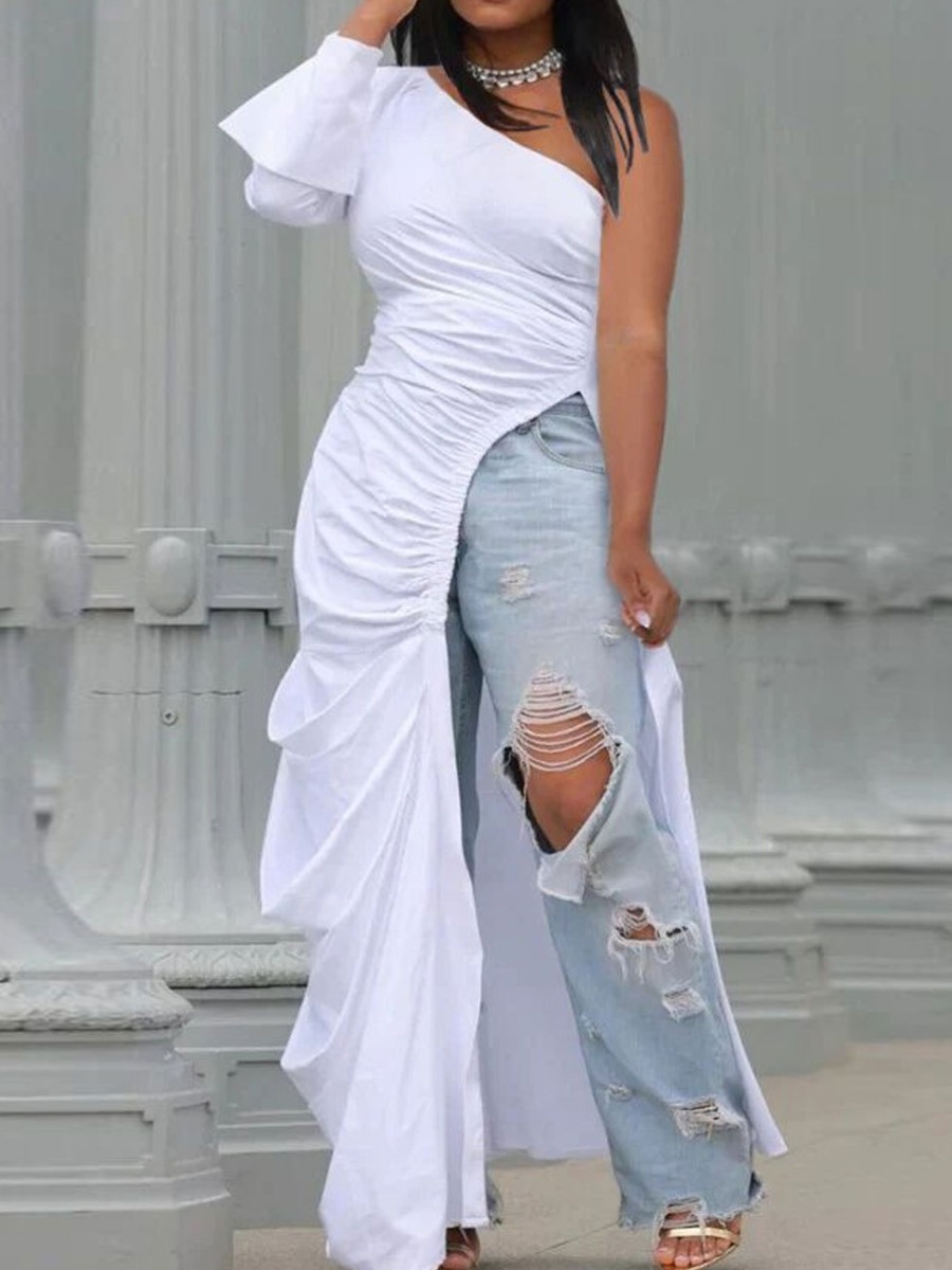 LW SXY Plus Size One Shoulder High Split Ruched Dress