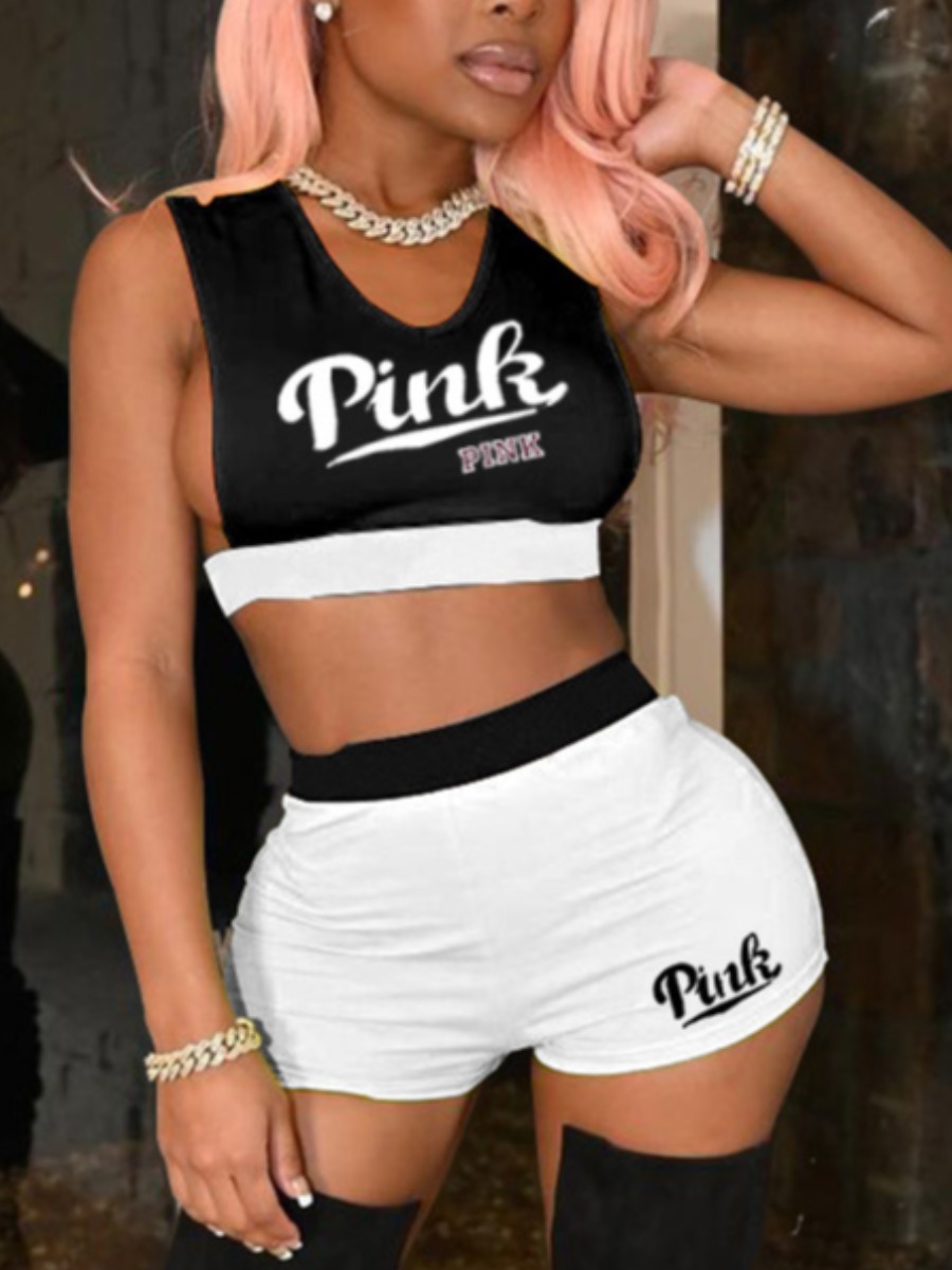 LW Crop Top Pink Letter Print Shorts Set