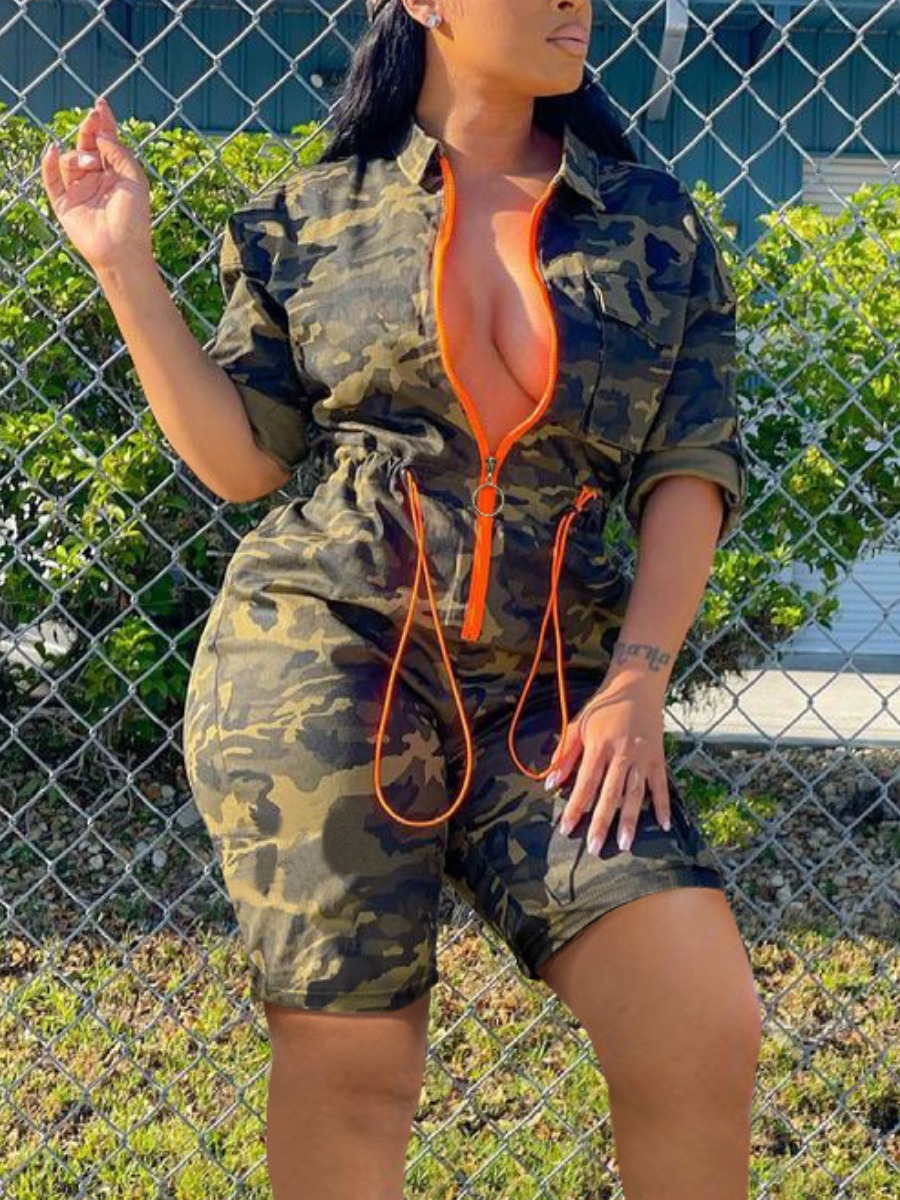 LW Plus Size Camo Print Drawstring Denim Jumpsuit