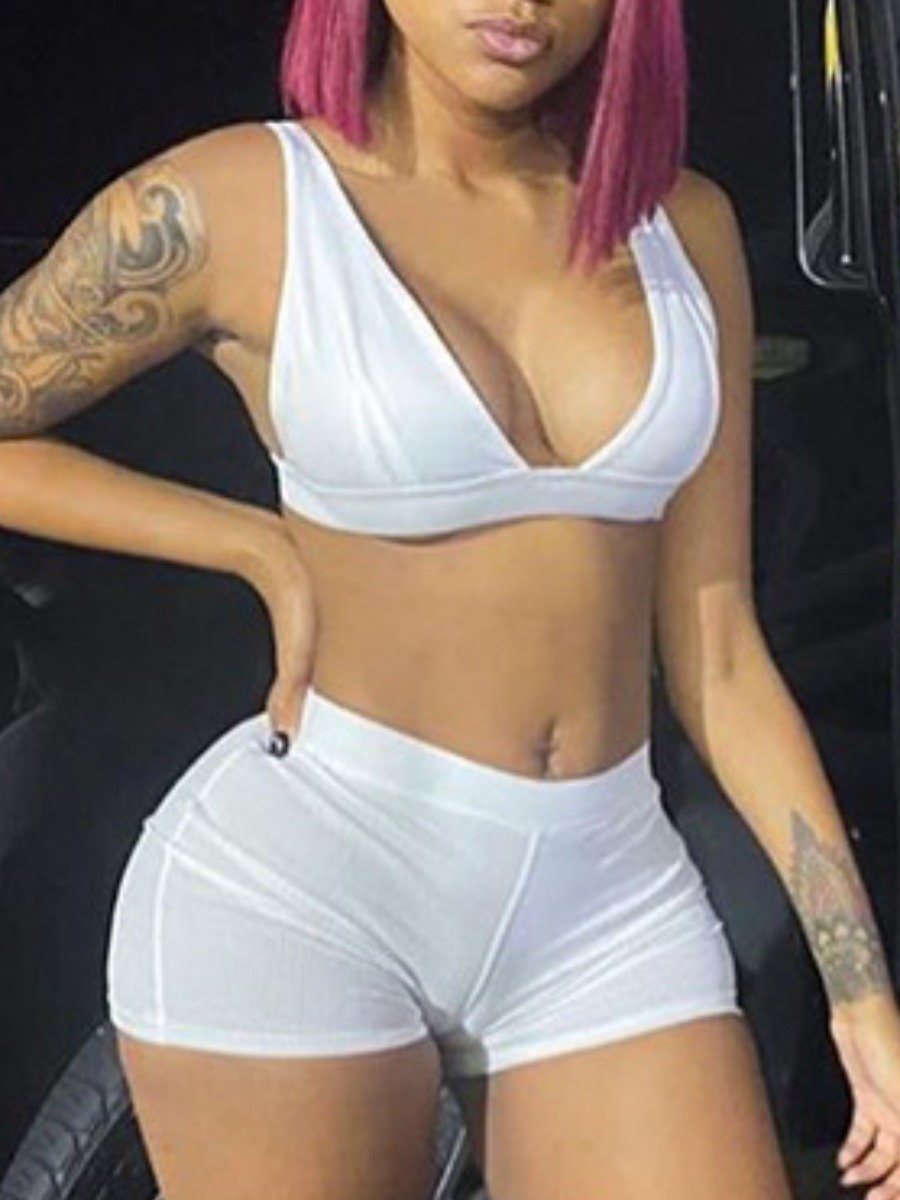 LW BASICS Crop Top Rib Knit Stretchy Shorts Set