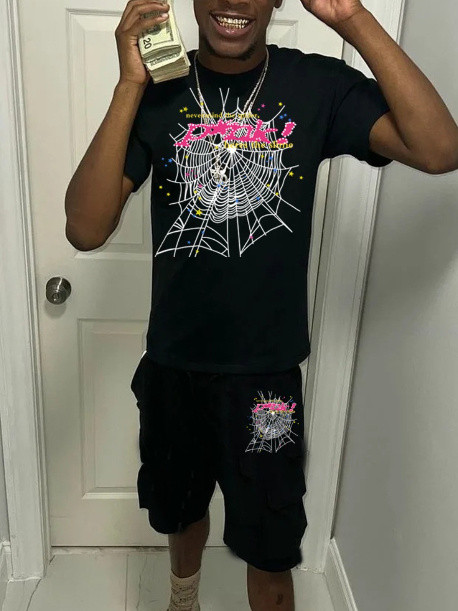LovelyWholesale Men Spider Web Letter Print Drawstring Shorts Set Summer Short Sleeve Casual Print Round Neck Spring Summer 2024